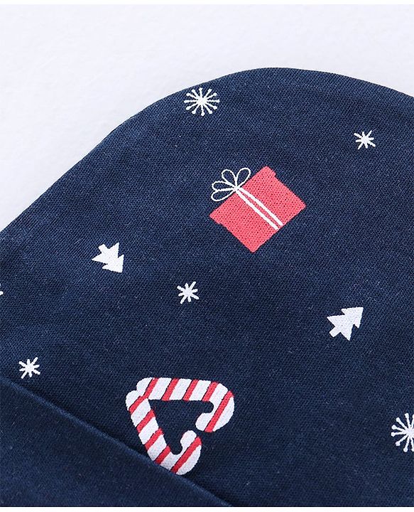 Babyhug 100% Cotton Cap Mittens & Booties Set Christmas Theme Print - Navy