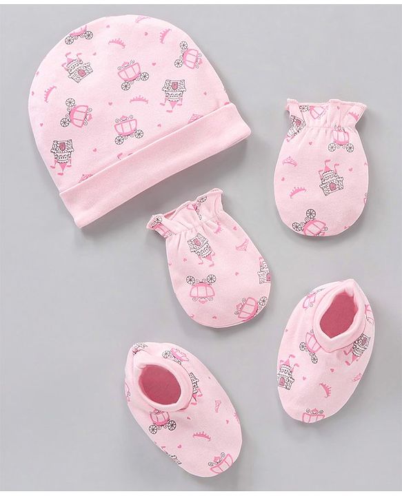 Babyhug 100% Cotton Cap Mittens & Booties Castle Print Pink - Diameter 8.5 cm