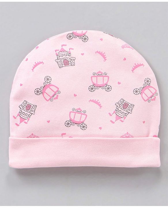 Babyhug 100% Cotton Cap Mittens & Booties Castle Print Pink - Diameter 8.5 cm