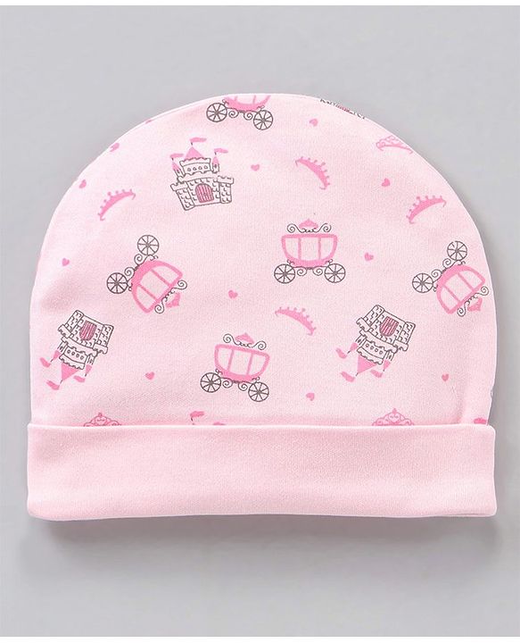 Babyhug 100% Cotton Cap Mittens & Booties Castle Print Pink - Diameter 8.5 cm