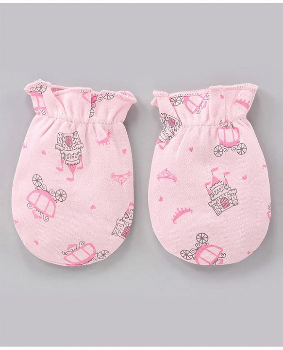Babyhug 100% Cotton Cap Mittens & Booties Castle Print Pink - Diameter 8.5 cm