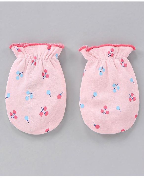 Babyhug 100% Cotton Cap Mittens & Booties Castle Print Pink - Diameter 11 cm