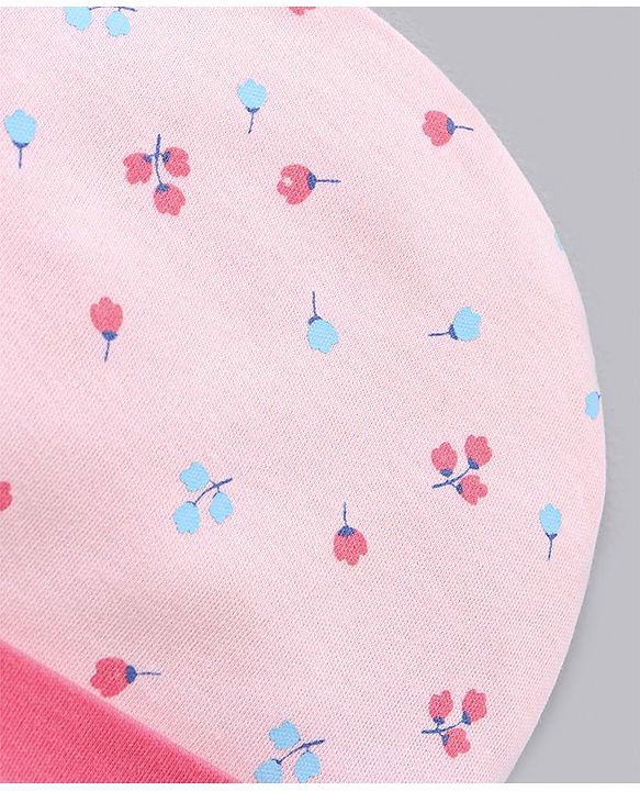Babyhug 100% Cotton Cap Mittens & Booties Castle Print Pink - Diameter 11 cm