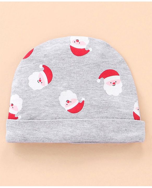 Babyhug Cotton Cap Mittens & Booties Set Santa Print - Grey