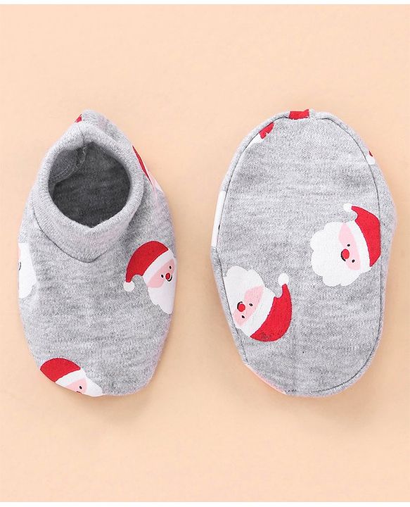 Babyhug Cotton Cap Mittens & Booties Set Santa Print - Grey