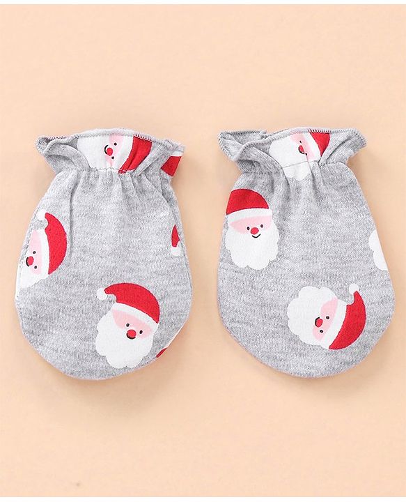 Babyhug Cotton Cap Mittens & Booties Set Santa Print - Grey