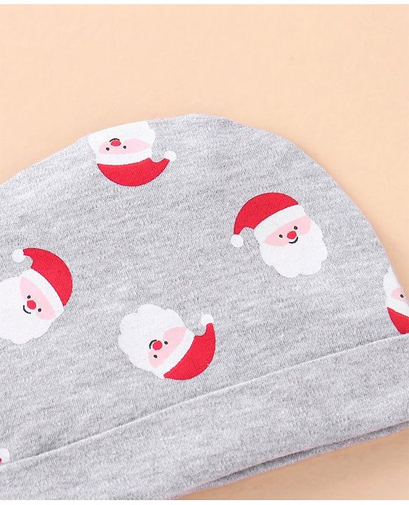 Babyhug Cotton Cap Mittens & Booties Set Santa Print - Grey
