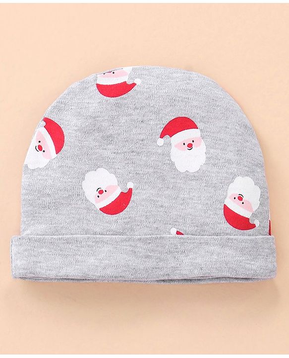 Babyhug Cotton Cap Mittens & Booties Set Santa Print - Grey