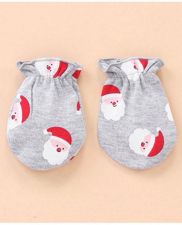 Babyhug Cotton Cap Mittens & Booties Set Santa Print - Grey
