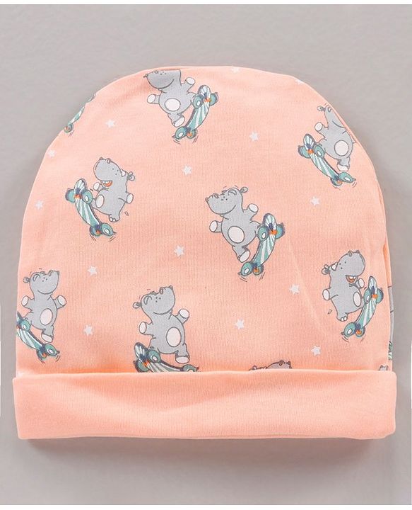 Babyhug 100% Cotton Cap Mittens & Booties Set Animal Print Peach - Diameter 11 cm