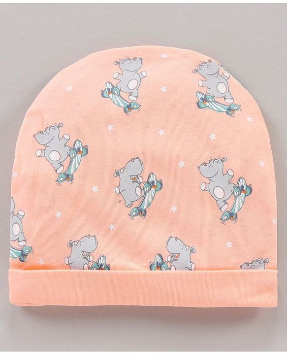 Babyhug 100% Cotton Cap Mittens & Booties Set Animal Print Peach - Diameter 11 cm