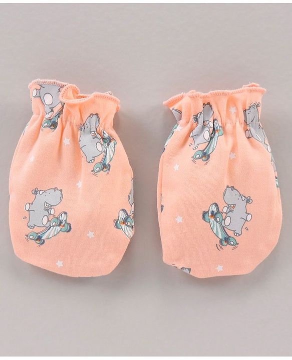 Babyhug 100% Cotton Cap Mittens & Booties Set Animal Print Peach - Diameter 11 cm