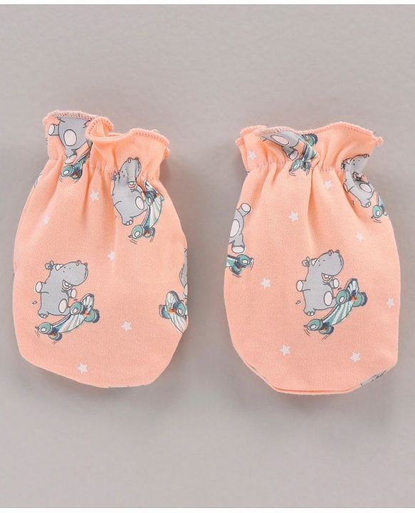 Babyhug 100% Cotton Cap Mittens & Booties Set Animal Print Peach - Diameter 11 cm