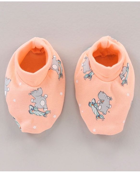 Babyhug 100% Cotton Cap Mittens & Booties Set Animal Print Peach - Diameter 11 cm