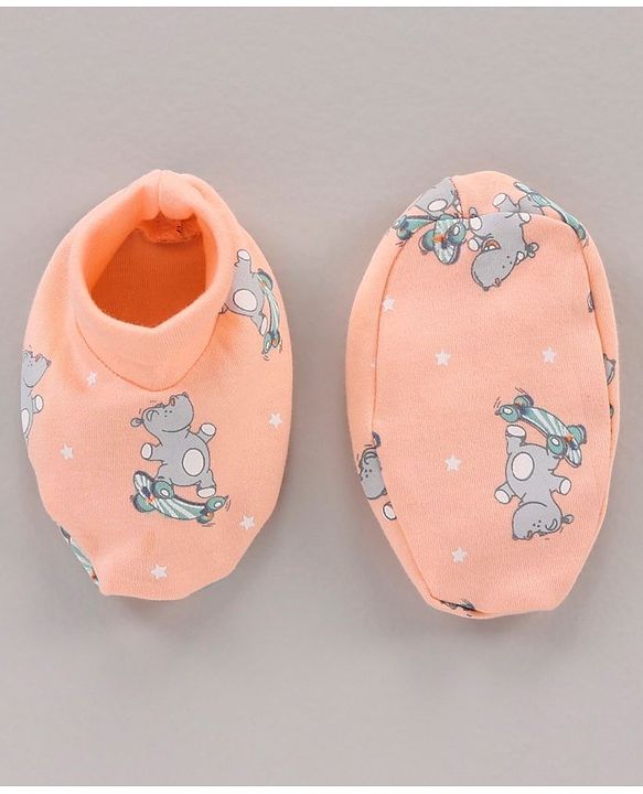 Babyhug 100% Cotton Cap Mittens & Booties Set Animal Print Peach - Diameter 11 cm