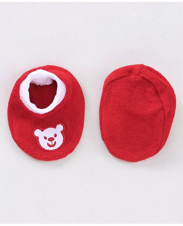 Babyhug 100% Cotton Booties Bear Embroidered - Red