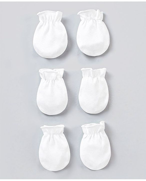 Babyhug 100% Cotton Solid Mittens Pack of 3 - White
