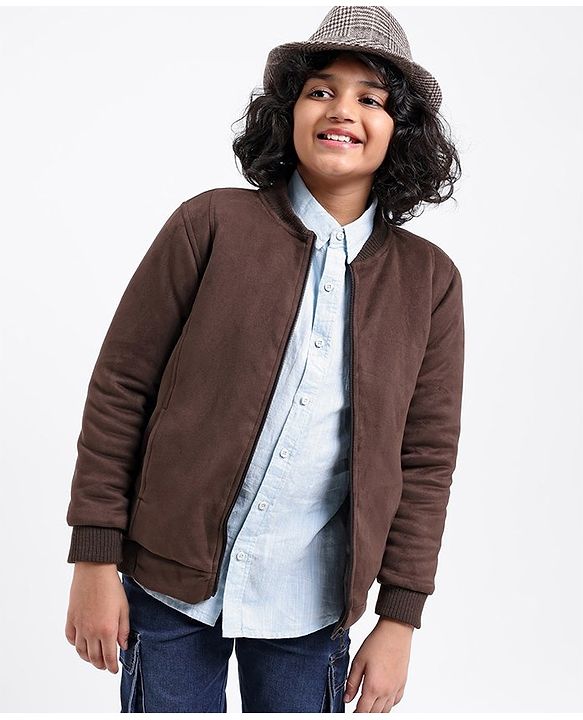 Pine Kids Full Sleeves Suede Bomber Jacket - Brown