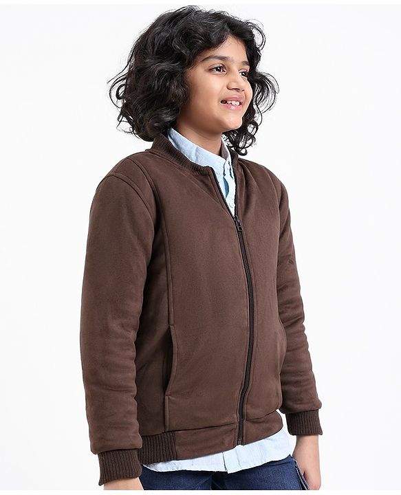 Pine Kids Full Sleeves Suede Bomber Jacket - Brown
