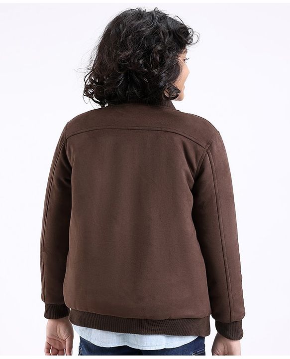 Pine Kids Full Sleeves Suede Bomber Jacket - Brown