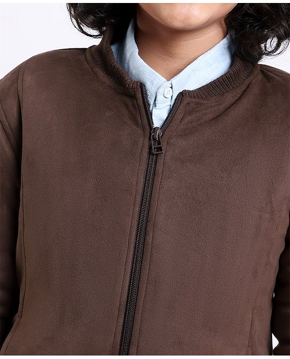 Pine Kids Full Sleeves Suede Bomber Jacket - Brown
