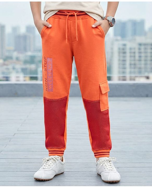Pine Kids Full Length 100% Cotton Knit Biowashed Joggers Text Print - Orange