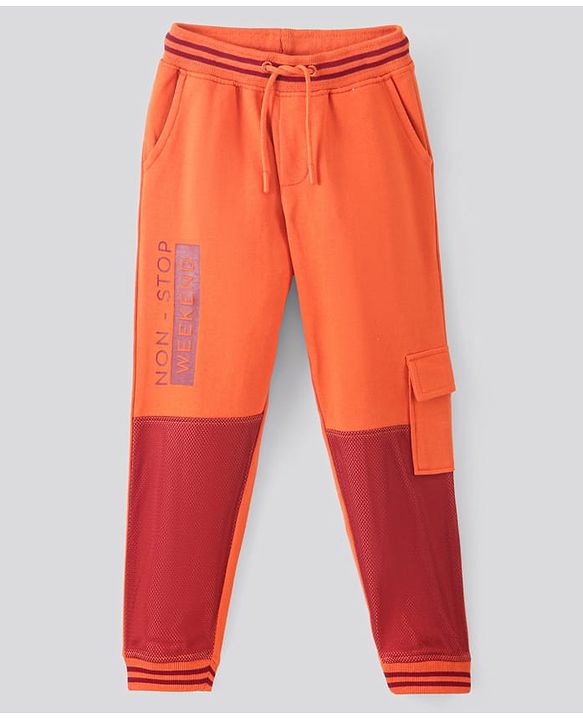 Pine Kids Full Length 100% Cotton Knit Biowashed Joggers Text Print - Orange