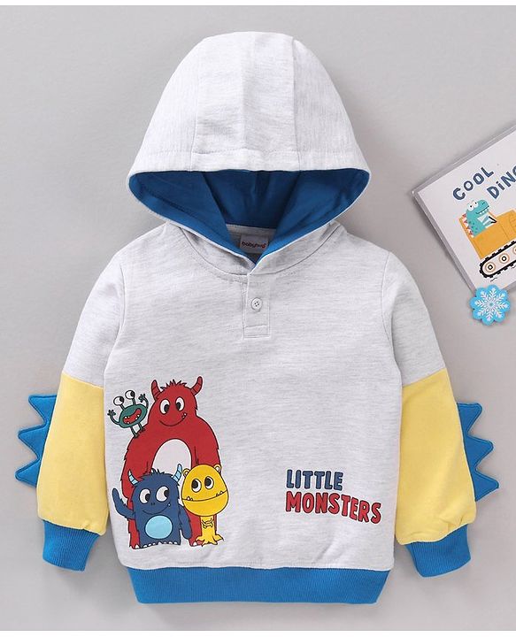 Babyhug Full Sleeves Hooded Sweatshirt with Little Monsters Print & 3D Applique - Grey