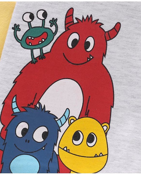 Babyhug Full Sleeves Hooded Sweatshirt with Little Monsters Print & 3D Applique - Grey