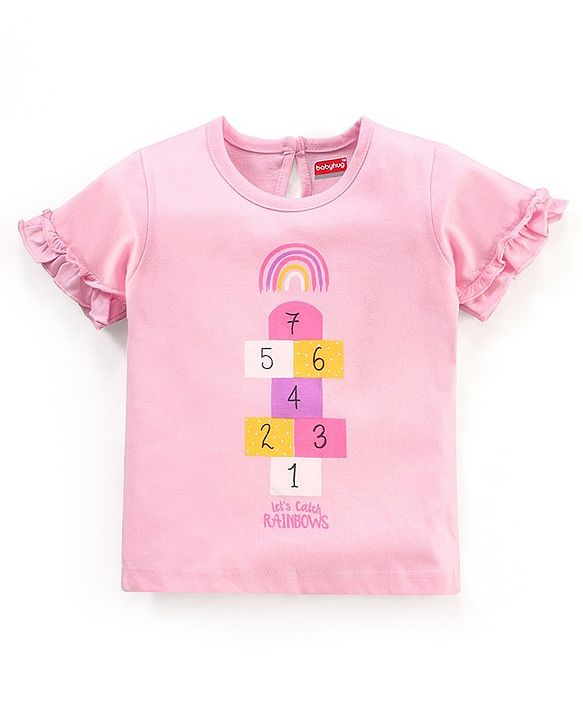 Babyhug Cotton Half Sleeves Top With Graphics and Frill Detailing - Pink