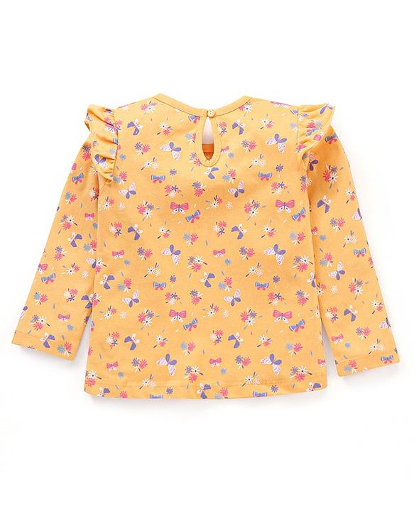 Babyhug 100% Cotton Full Sleeves Top with Frill Detailing Floral Print - Orange