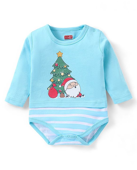 Babyhug 100% Cotton Full Sleeves Onesie Santa Print - Blue
