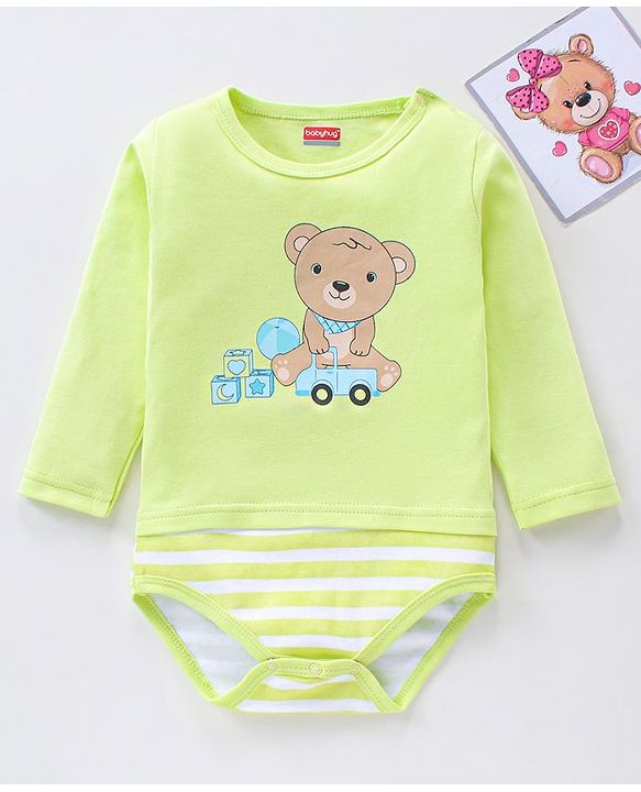 Babyhug 100% Cotton Full Sleeves Onesie Teddy Print- Green
