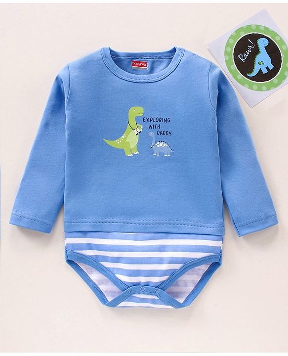 Babyhug 100% Cotton Full Sleeves Onesie Stripes & Dino Print- Blue