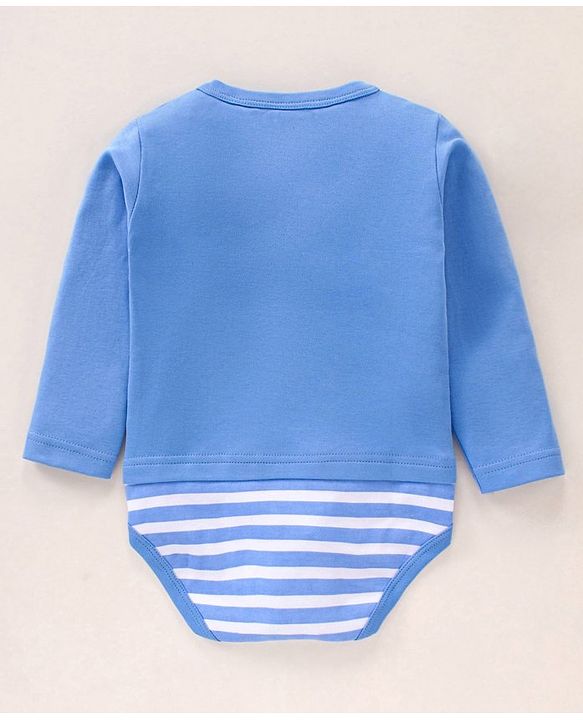 Babyhug 100% Cotton Full Sleeves Onesie Stripes & Dino Print- Blue