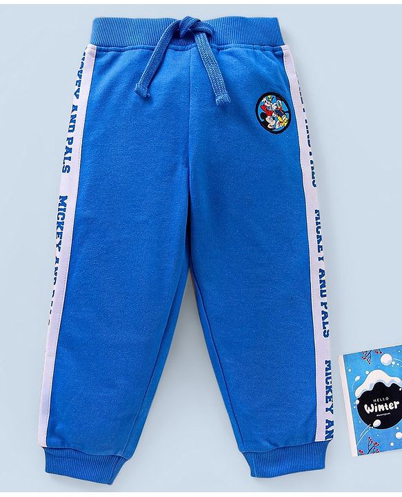 Babyhug Cotton Knit Full Length Lounge Pants Mickey Badge & Side Printed Tape - Blue