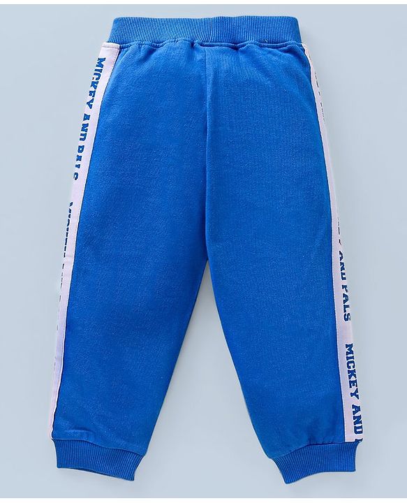 Babyhug Cotton Knit Full Length Lounge Pants Mickey Badge & Side Printed Tape - Blue
