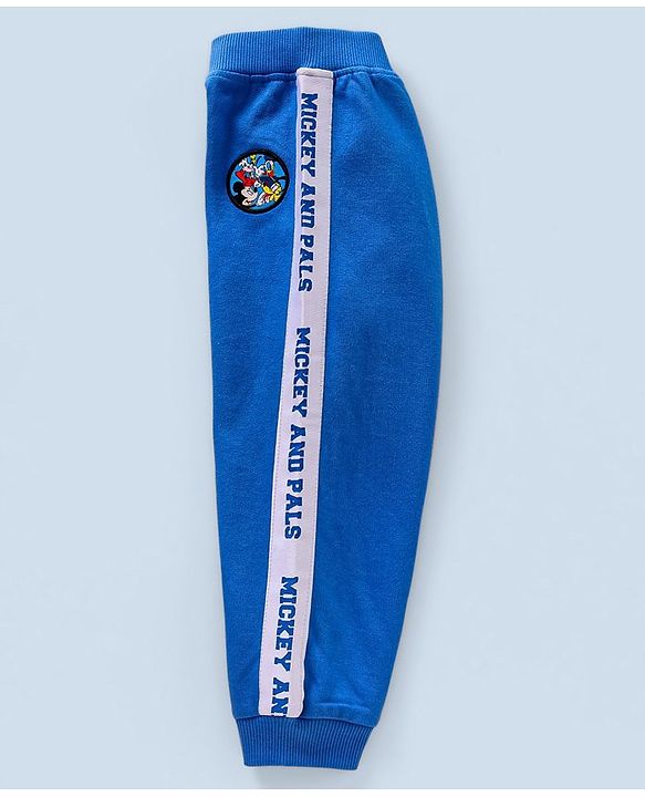 Babyhug Cotton Knit Full Length Lounge Pants Mickey Badge & Side Printed Tape - Blue