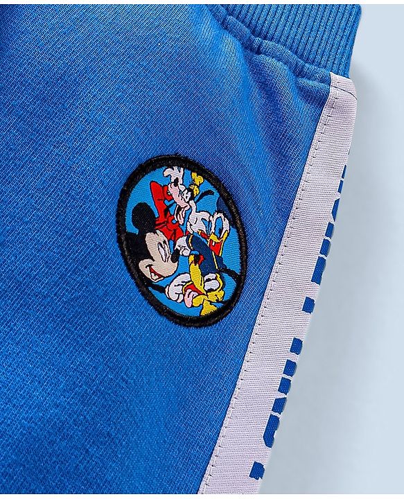 Babyhug Cotton Knit Full Length Lounge Pants Mickey Badge & Side Printed Tape - Blue