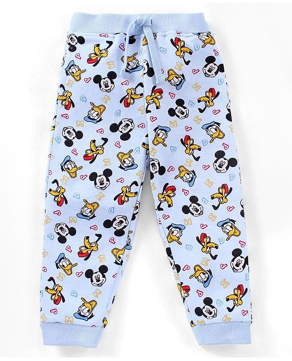 Babyhug Cotton Full Length Ribbed Waist Lounge Pant Micky Mouse Print - Blue