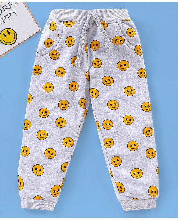 Babyhug Full Length Looper Lounge Pant Smiley Face Print - Grey