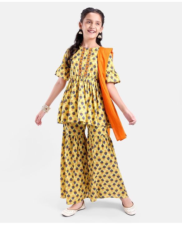 Pine Kids Printed Three Fourth Sleeves Kurti & Sharara Set With Dupatta- Yellow