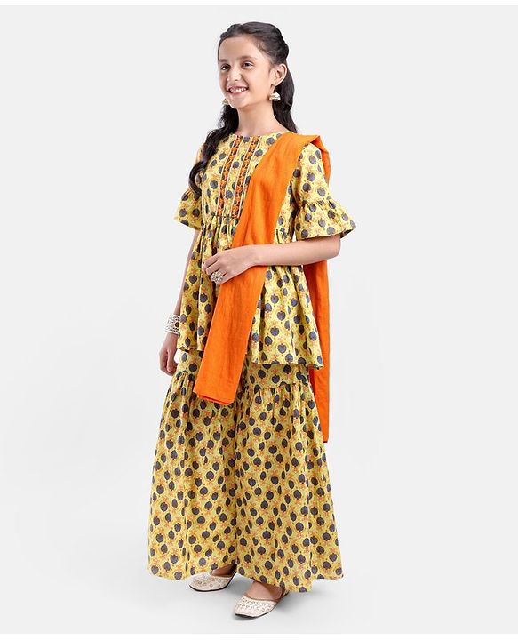 Pine Kids Printed Three Fourth Sleeves Kurti & Sharara Set With Dupatta- Yellow