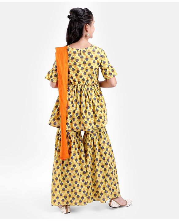 Pine Kids Printed Three Fourth Sleeves Kurti & Sharara Set With Dupatta- Yellow