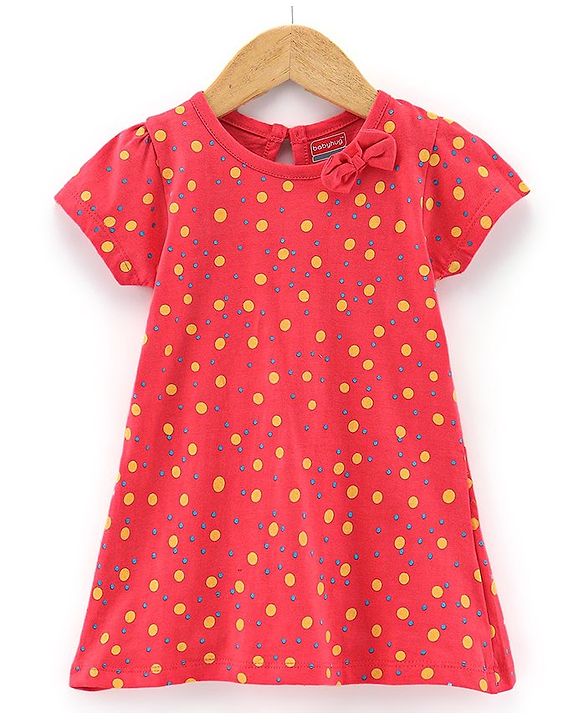 Babyhug 100% Cotton Knit Half Sleeves One Piece Printed Dress - Coral