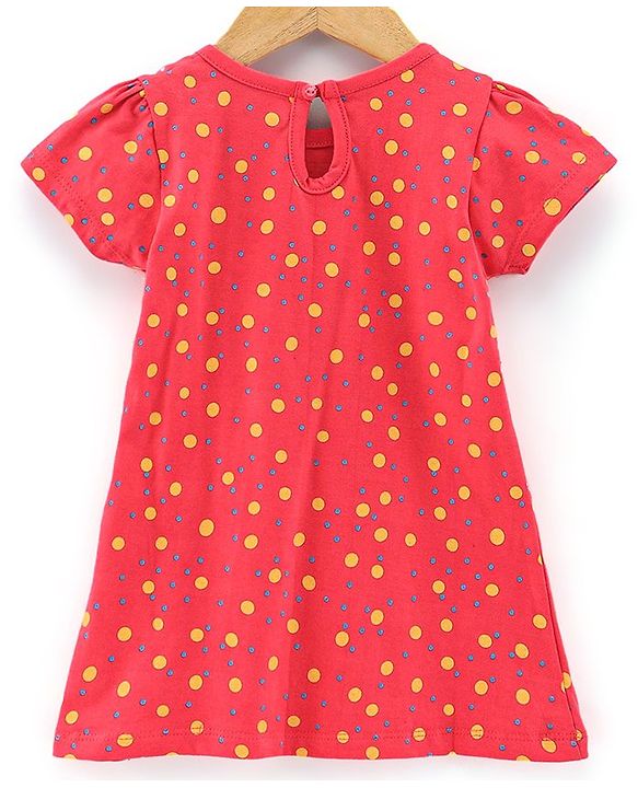 Babyhug 100% Cotton Knit Half Sleeves One Piece Printed Dress - Coral