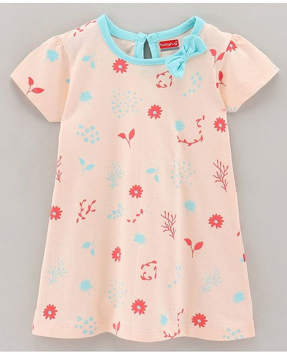 Babyhug 100% Cotton Knit Short Sleeves Frock Floral Print - Peach