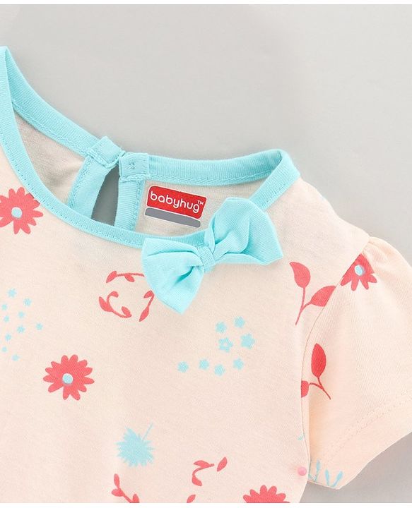 Babyhug 100% Cotton Knit Short Sleeves Frock Floral Print - Peach