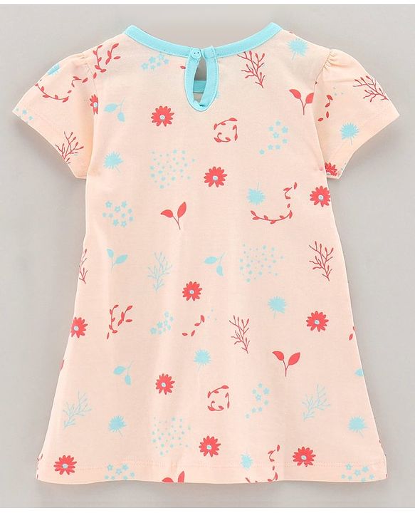 Babyhug 100% Cotton Knit Short Sleeves Frock Floral Print - Peach