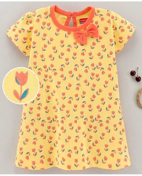 Babyhug 100% Cotton Knit Short Sleeves Frock Floral Print - Yellow